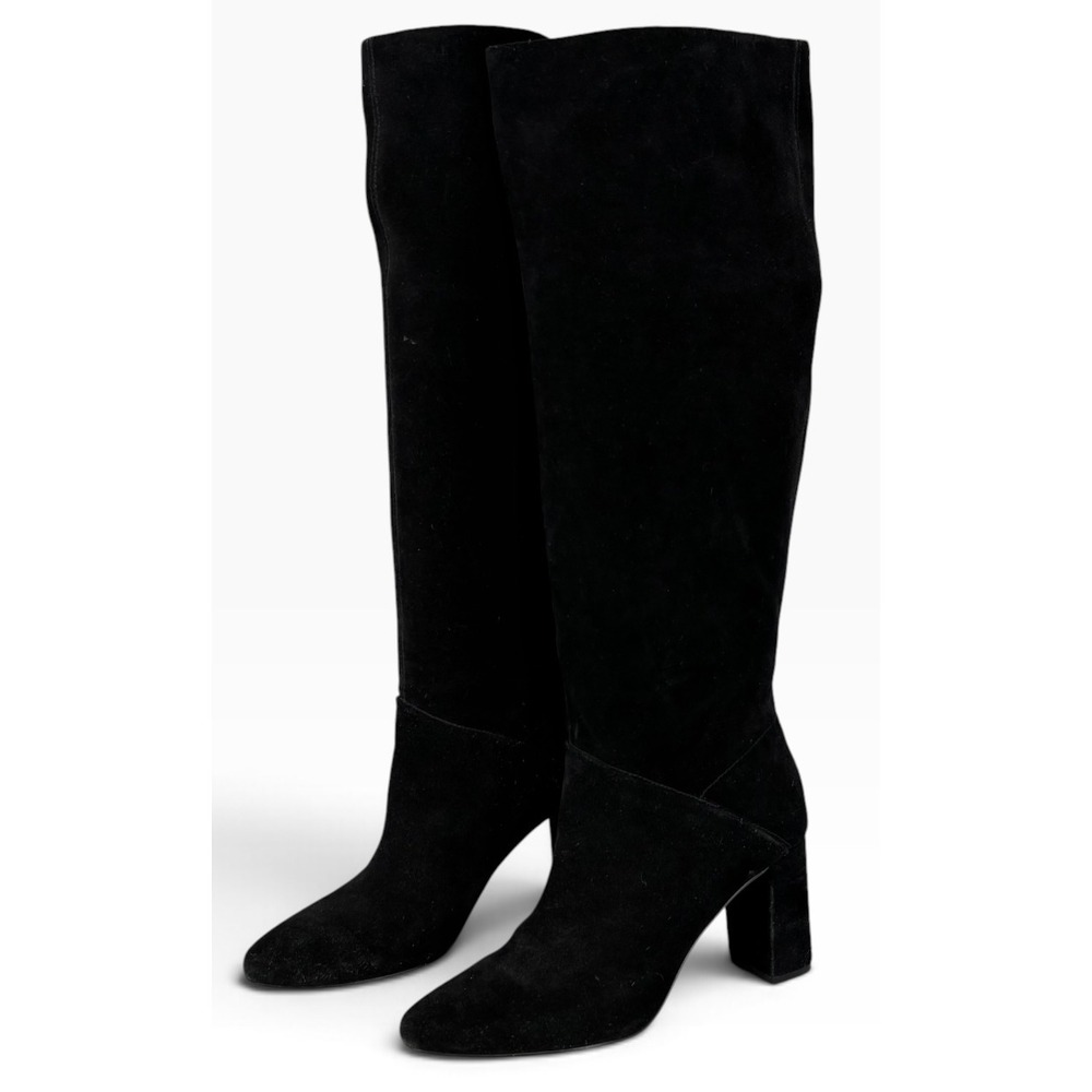 Banana Republic Kid Suede Tall Boots Women 7.5 Black Good Block Heel Pointed Toe